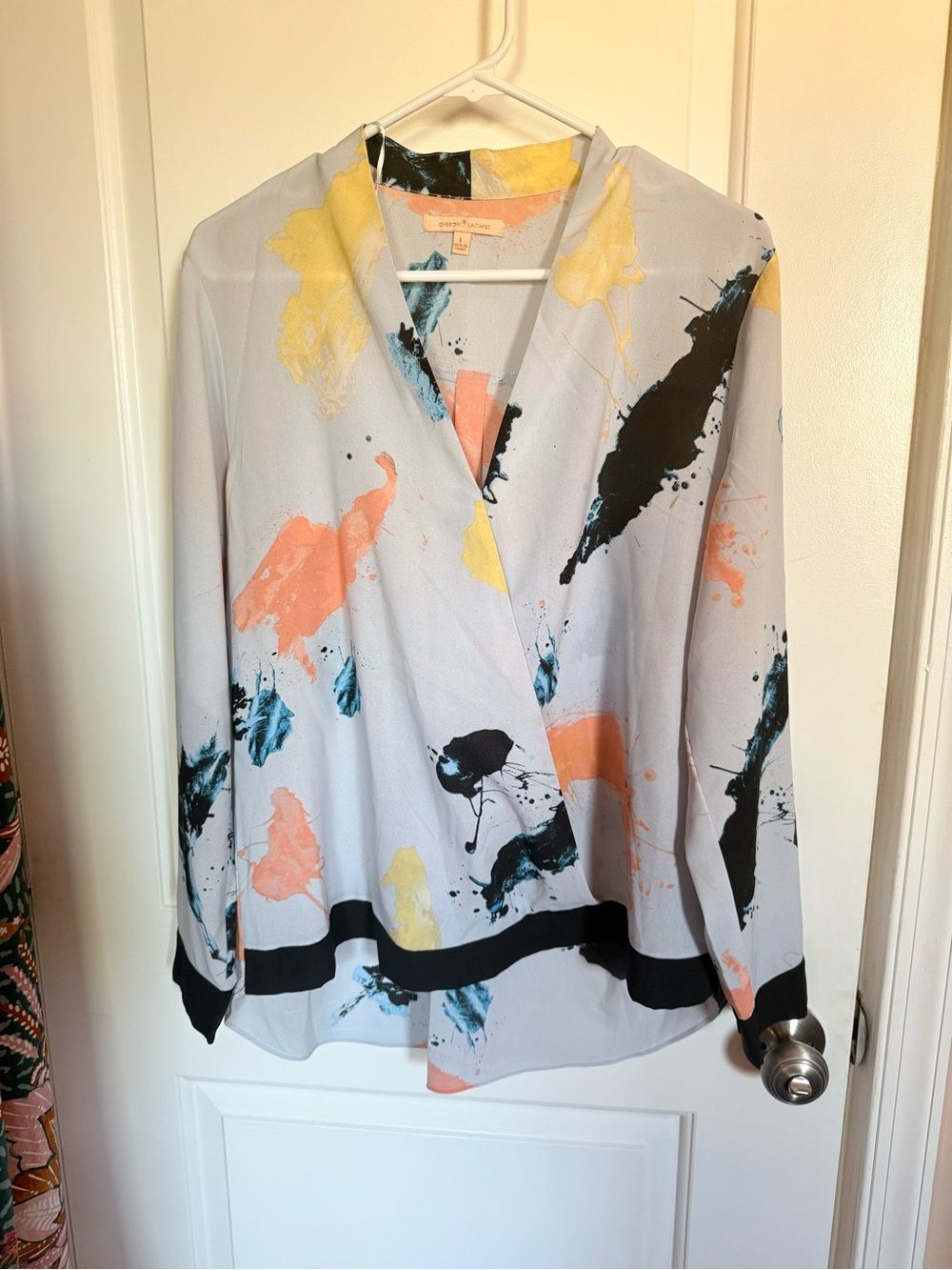 Gibson Latimer Light Blue Abstract Faux Wrap Blouse Artsy Art Teacher Colorful